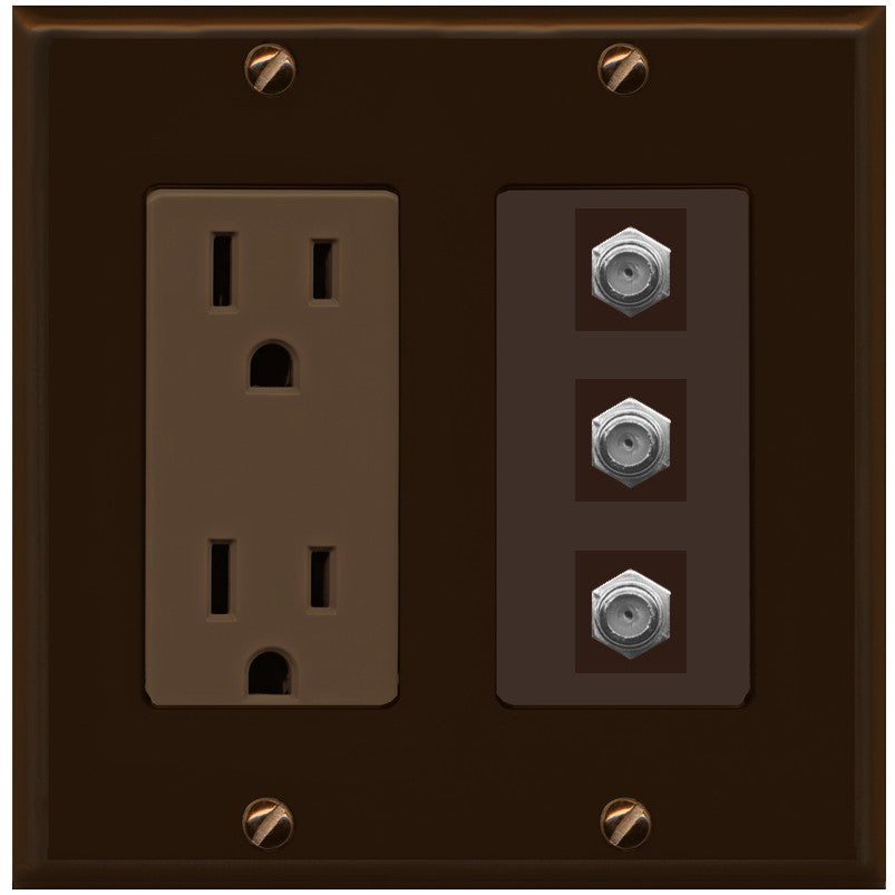 RiteAV - 3 Port Coax Cable TV- F-Type Wall Plate - Outlet [Brown/Brown]