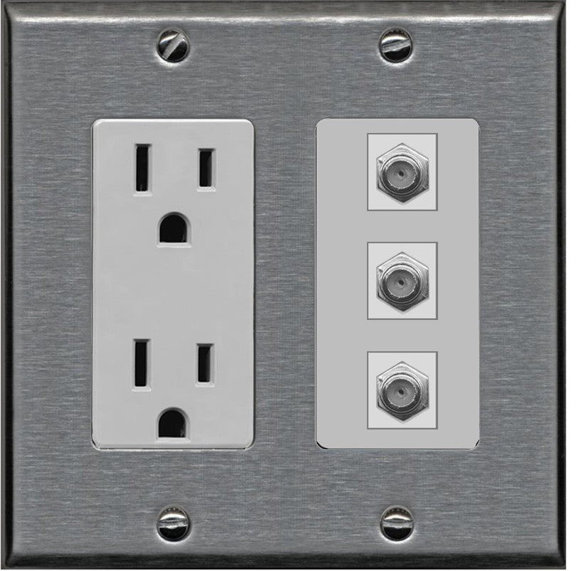 RiteAV - 3 Port Coax Cable TV- F-Type Wall Plate - Outlet [Stainless/Gray]