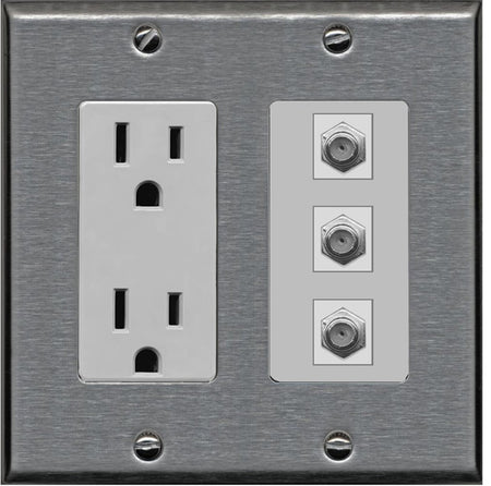 RiteAV - 3 Port Coax Cable TV- F-Type Wall Plate - Outlet [Stainless/Gray]