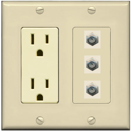 RiteAV - 3 Port Coax Cable TV- F-Type Wall Plate - Outlet [Ivory/Ivory]