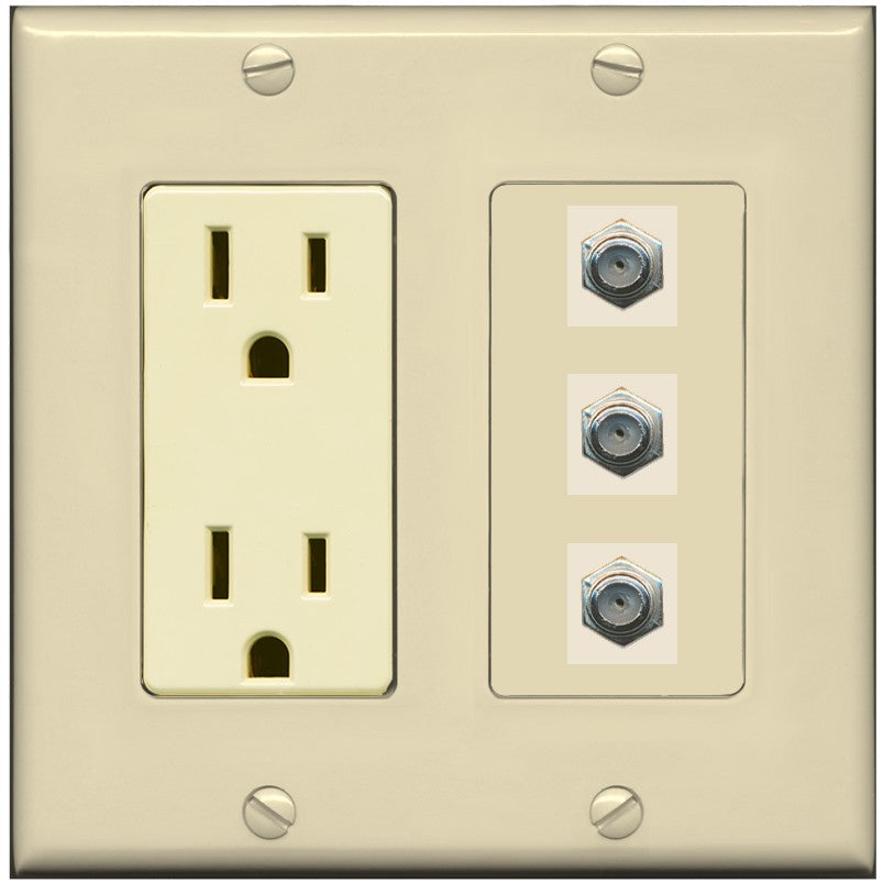RiteAV - 3 Port Coax Cable TV- F-Type Wall Plate - Outlet [Ivory/Ivory]