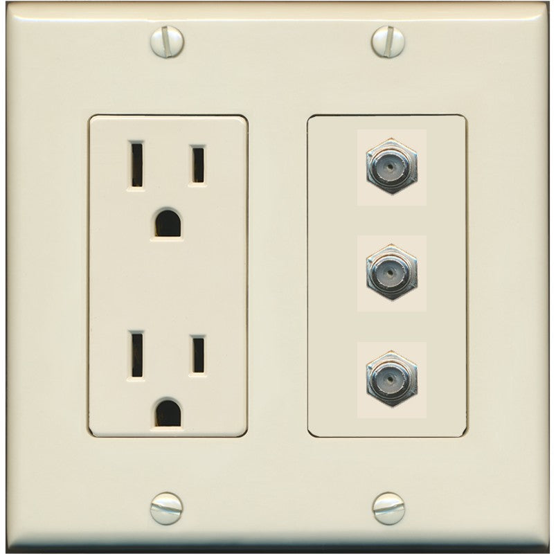 RiteAV - 3 Port Coax Cable TV- F-Type Wall Plate - Outlet [Light-Almond]