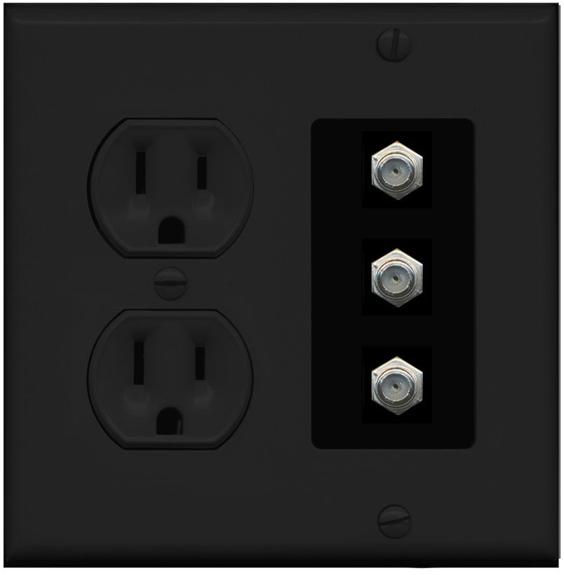 RiteAV - 3 Port Coax Cable TV- F-Type Wall Plate - Round Outlet [Black/Black]