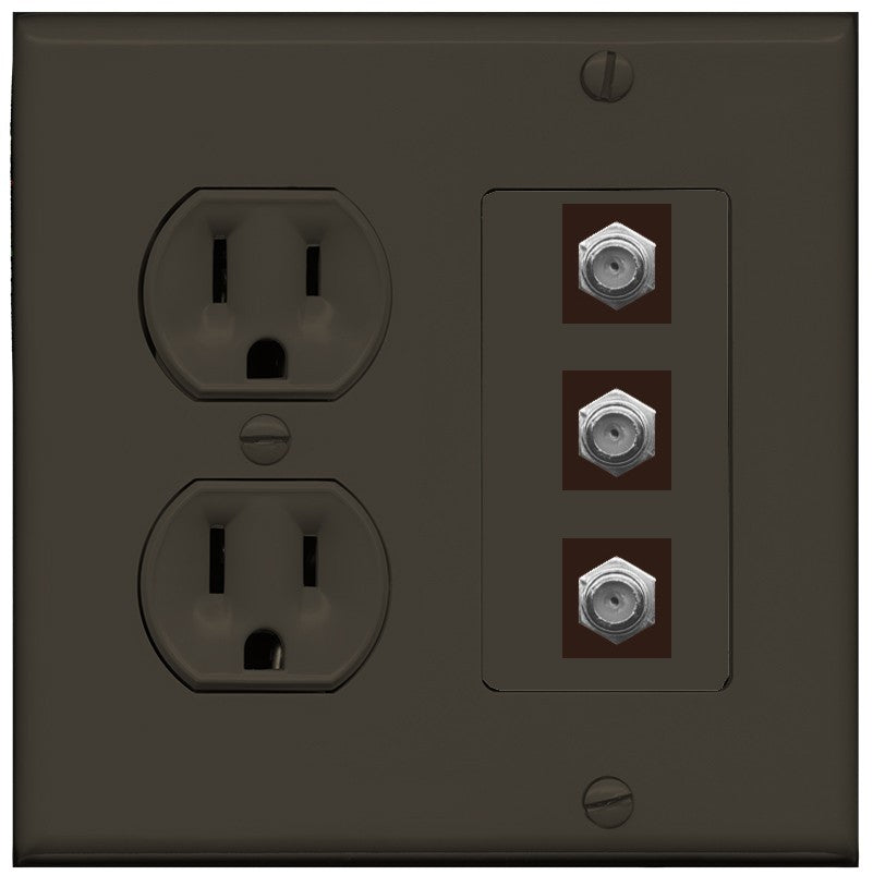 RiteAV - 3 Port Coax Cable TV- F-Type Wall Plate - Round Outlet [Brown/Brown]