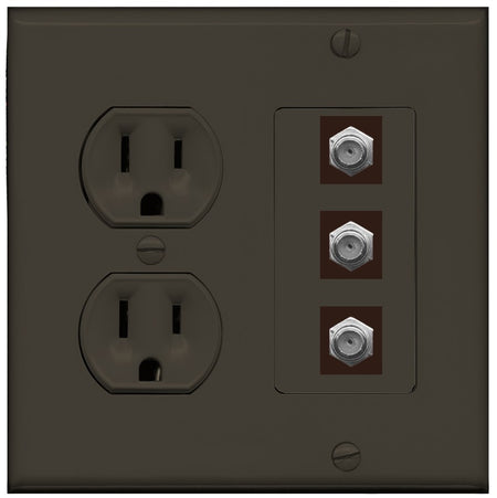 RiteAV - 3 Port Coax Cable TV- F-Type Wall Plate - Round Outlet [Brown/Brown]