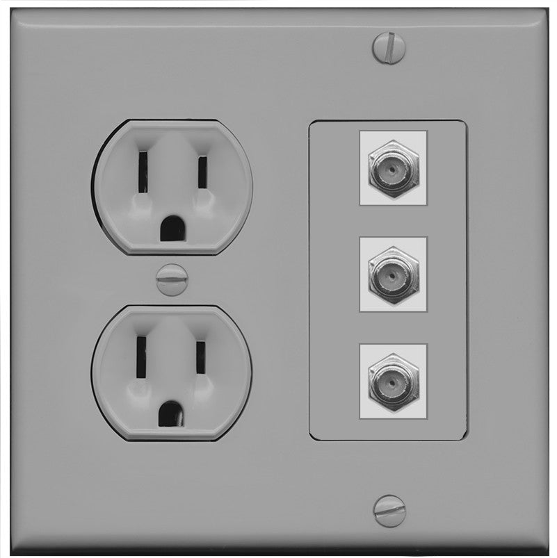 RiteAV - 3 Port Coax Cable TV- F-Type Wall Plate - Round Outlet [Gray/Gray]