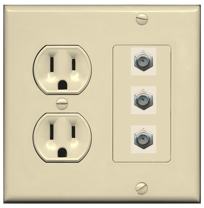 RiteAV - 3 Port Coax Cable TV- F-Type Wall Plate - Round Outlet [Ivory/Ivory]