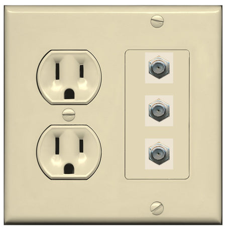 RiteAV - 3 Port Coax Cable TV- F-Type Wall Plate - Round Outlet [Ivory/Ivory]