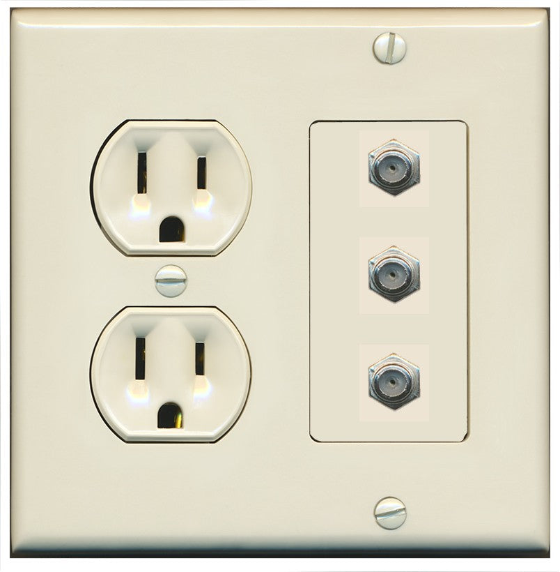 RiteAV - 3 Port Coax Cable TV- F-Type Wall Plate - Round Outlet [Light-Almond]