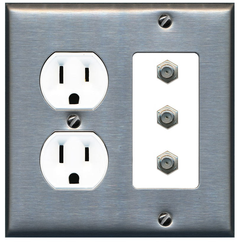 RiteAV - 3 Port Coax Cable TV- F-Type Wall Plate - Round Outlet [Stainless/White]