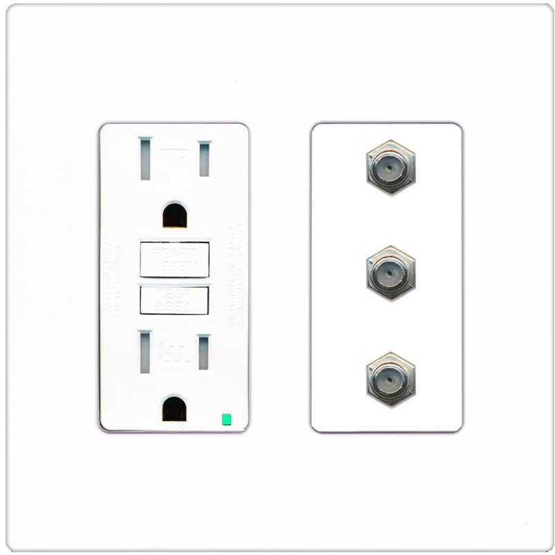 RiteAV - 3 Port Coax Cable TV- F-Type Wall Plate - GFCI Outlet [Screwless White]