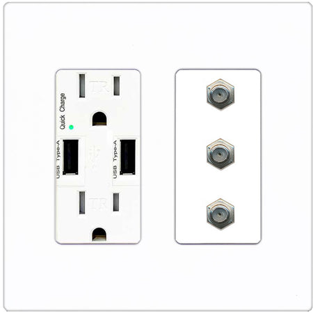 RiteAV - 3 Port Coax Cable TV- F-Type Wall Plate - USB Outlet [Screwless White]