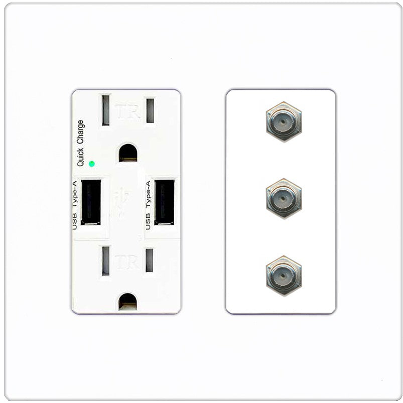RiteAV - 3 Port Coax Cable TV- F-Type Wall Plate - USB Outlet [Screwless White]