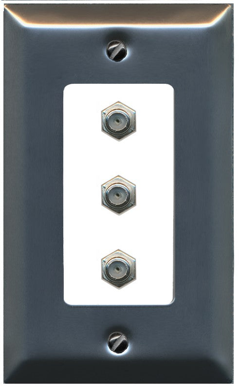 RiteAV - 3 Port Coax Cable TV- F-Type Wall Plate - 1 Gang Decorative [Stainless/White]