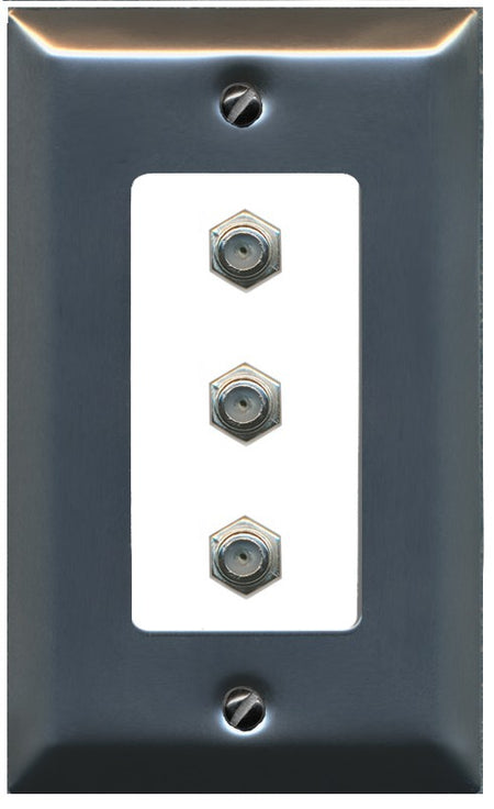 RiteAV - 3 Port Coax Cable TV- F-Type Wall Plate - 1 Gang Decorative [Stainless/White]