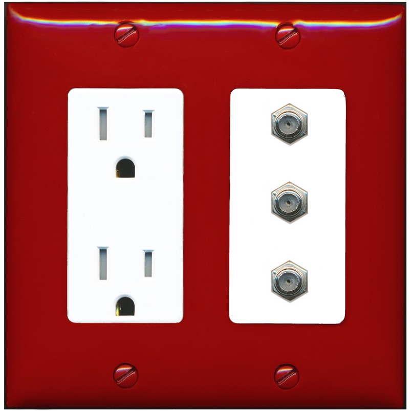 RiteAV - 3 Port Coax Cable TV- F-Type Wall Plate - Tamper-Resistant Outlet [Red/White]