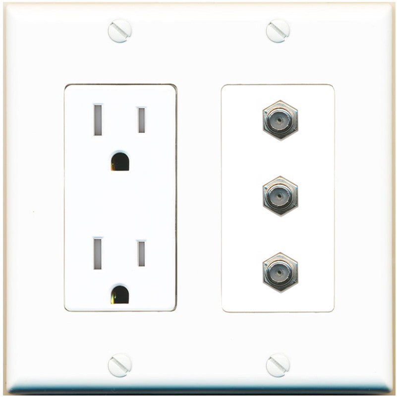 RiteAV - 3 Port Coax Cable TV- F-Type Wall Plate - Tamper-Resistant Outlet [White]