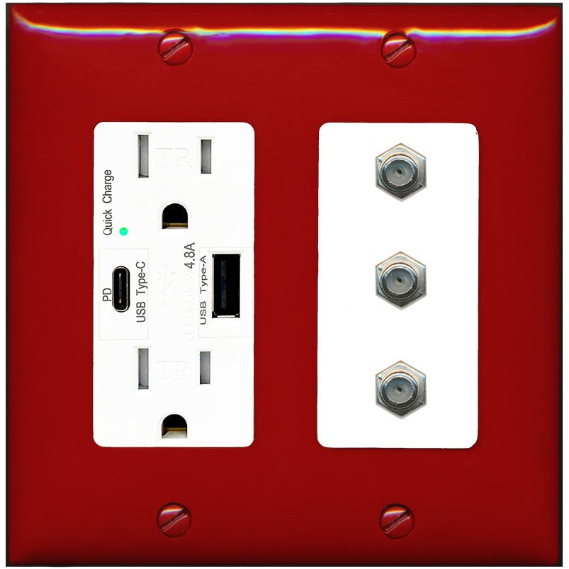 RiteAV - 3 Port Coax Cable TV- F-Type Wall Plate - USB A+C Outlet [Red/White]
