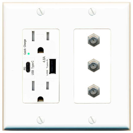 RiteAV - 3 Port Coax Cable TV- F-Type Wall Plate - USB A+C Outlet [White]