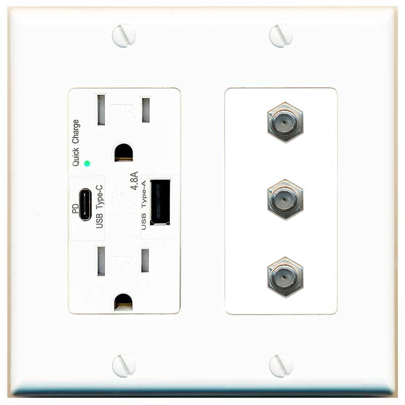 RiteAV - 3 Port Coax Cable TV- F-Type Wall Plate - USB A+C Outlet [White]