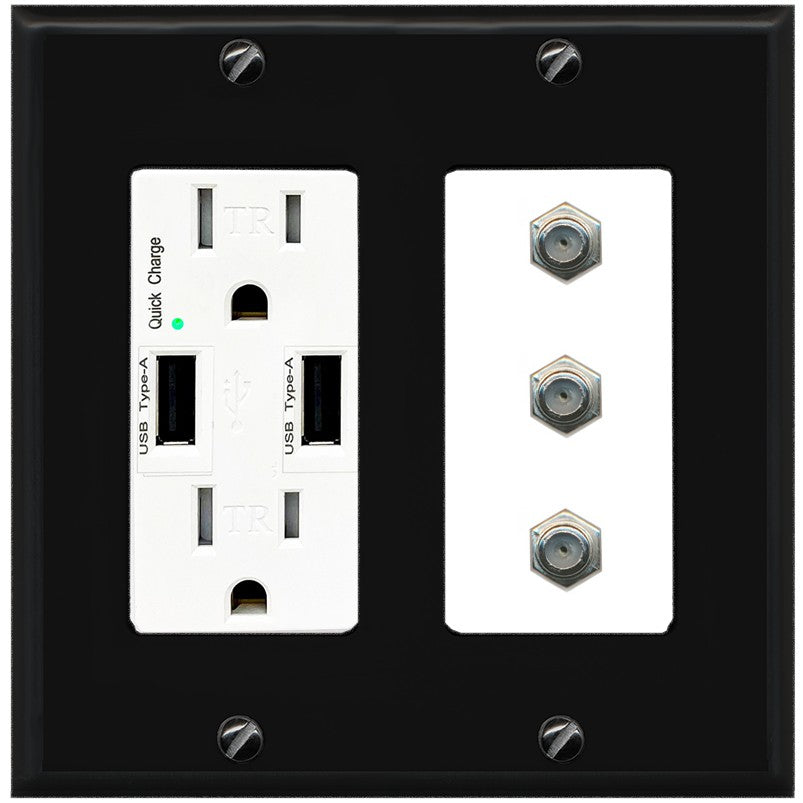 RiteAV - 3 Port Coax Cable TV- F-Type Wall Plate - USB Outlet [Black/White]