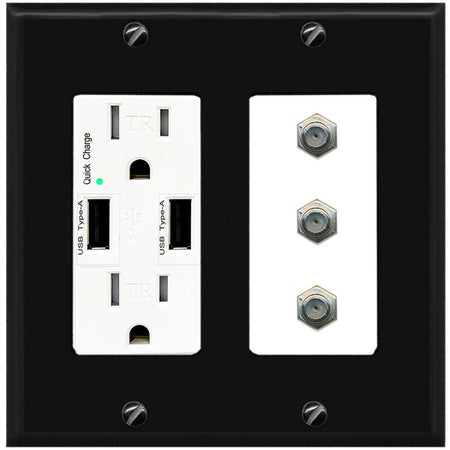 RiteAV - 3 Port Coax Cable TV- F-Type Wall Plate - USB Outlet [Black/White]