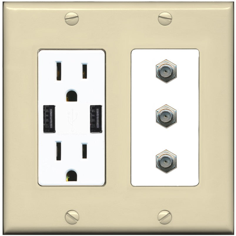 RiteAV - 3 Port Coax Cable TV- F-Type Wall Plate - USB Outlet [Ivory/White]