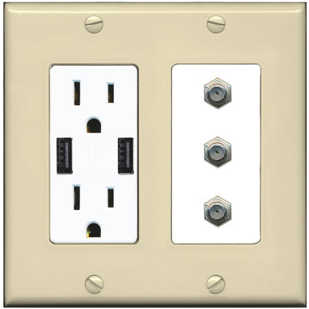 RiteAV - 3 Port Coax Cable TV- F-Type Wall Plate - USB Outlet [Ivory/White]