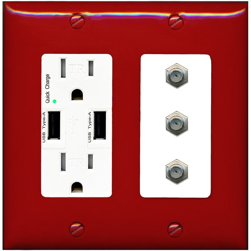 RiteAV - 3 Port Coax Cable TV- F-Type Wall Plate - USB Outlet [Red/White]