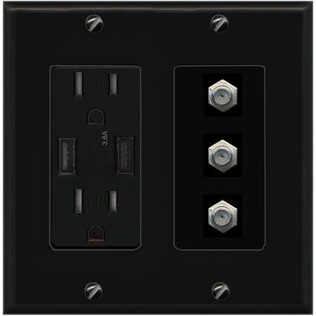 RiteAV - 3 Port Coax Cable TV- F-Type Wall Plate - USB Outlet [Black/Black]