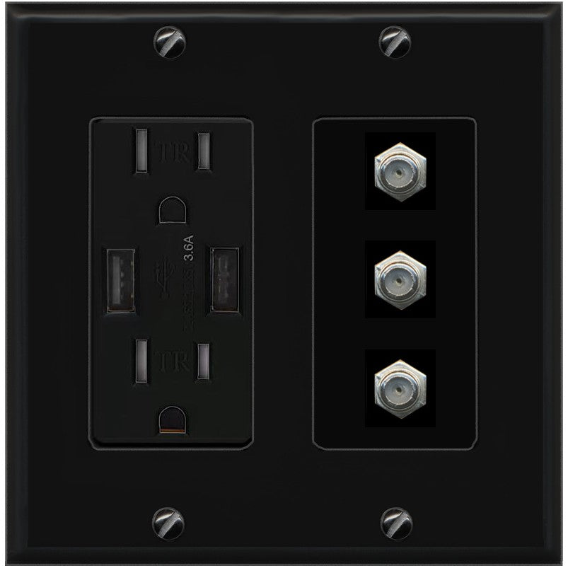RiteAV - 3 Port Coax Cable TV- F-Type Wall Plate - USB Outlet [Black/Black]
