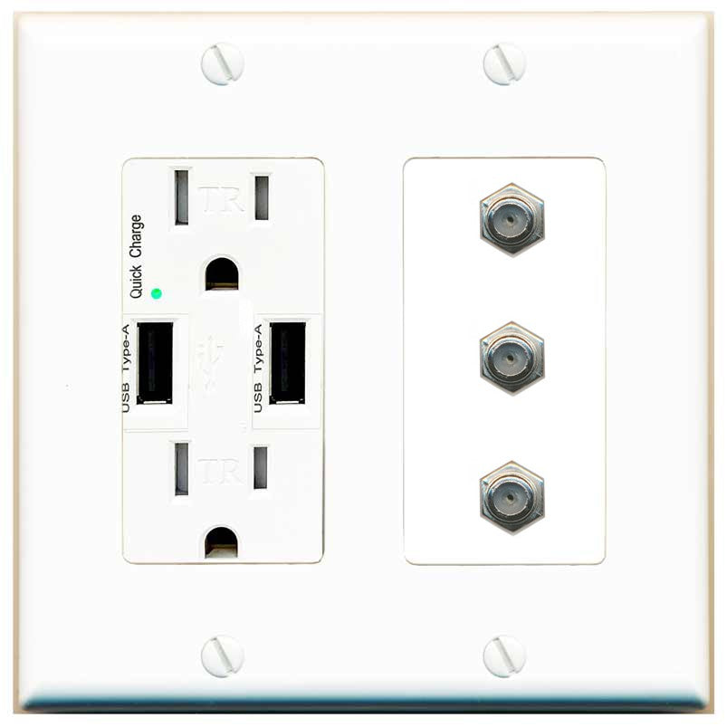RiteAV - 3 Port Coax Cable TV- F-Type Wall Plate - USB Outlet [White]