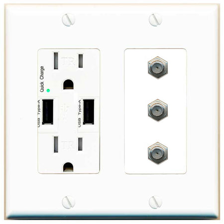 RiteAV - 3 Port Coax Cable TV- F-Type Wall Plate - USB Outlet [White]