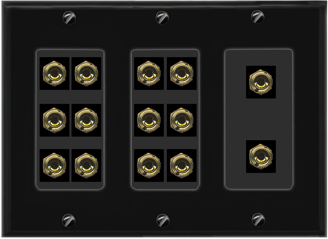 RiteAV 14 Port Banana Binding Post (7 Speaker) Wall Plate 3 Gang Black