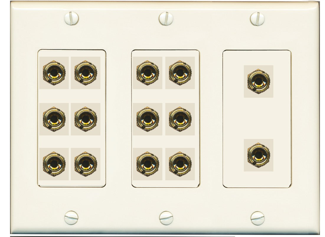 RiteAV 14 Port Banana Binding Post (7 Speaker) Wall Plate 3 Gang Light Almond