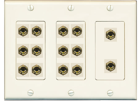 RiteAV 14 Port Banana Binding Post (7 Speaker) Wall Plate 3 Gang Light Almond