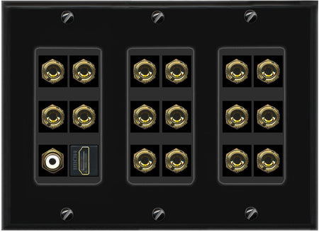 3 Gang 8.1 Surround Sound Speaker Banana Wall plate with HDMI and RCA Female to Female Connectors - Black