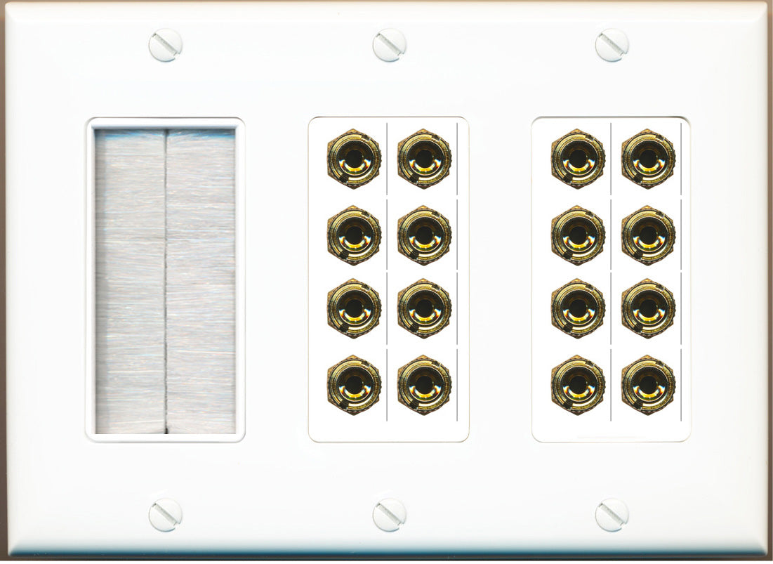RiteAV 8 Speaker Wall Plate 16 Port Banana Plug Jacks and 1 Brush
