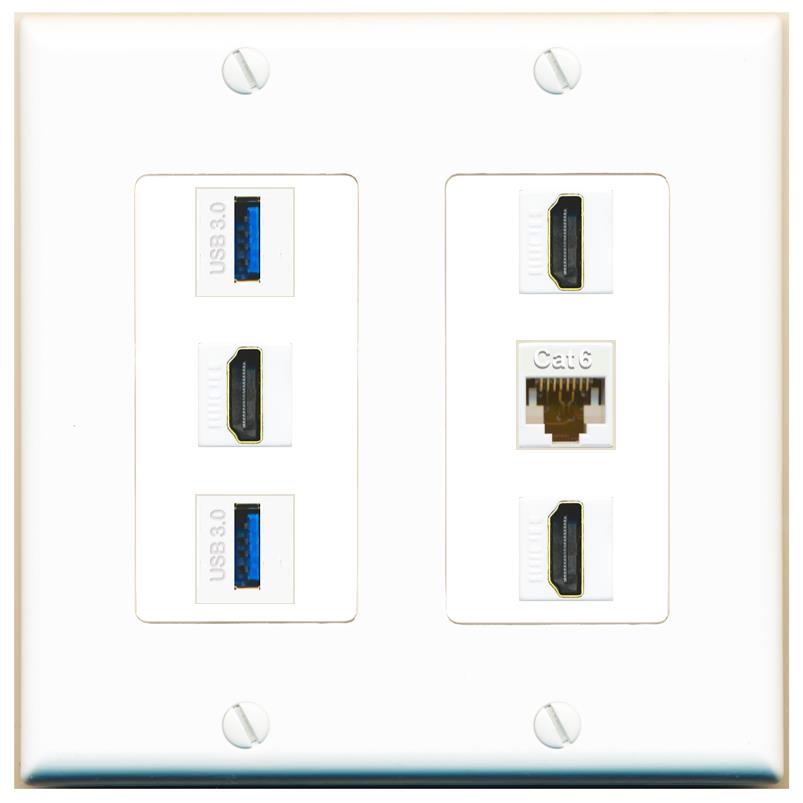 RiteAV 3 Port HDMI 2 Port USB 3.0 1 CAT6-RJ45 Wall Plate - 2 Gang [White]