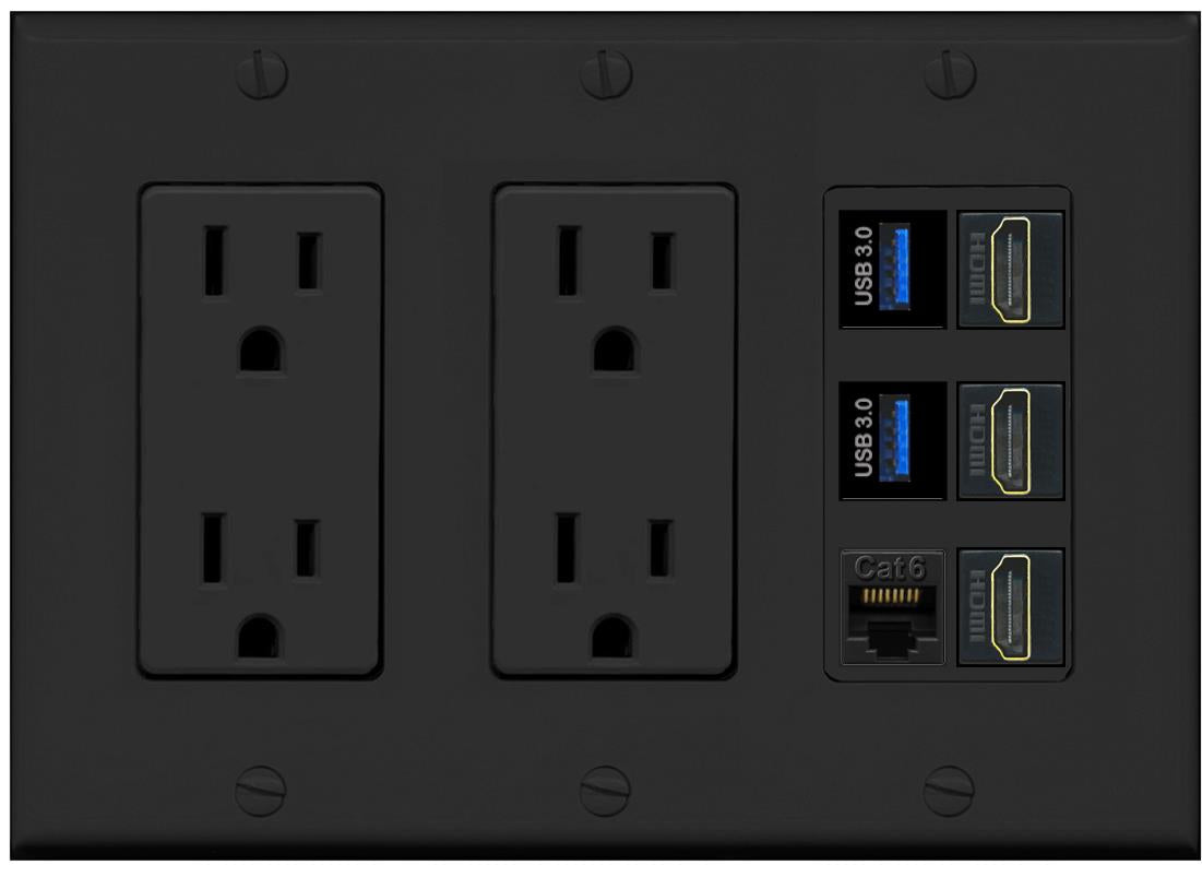 RiteAV 3 Port HDMI 2 Port USB 3.0 1 CAT6-RJ45 Wall Plate - 2 Outlet [Black/Black]