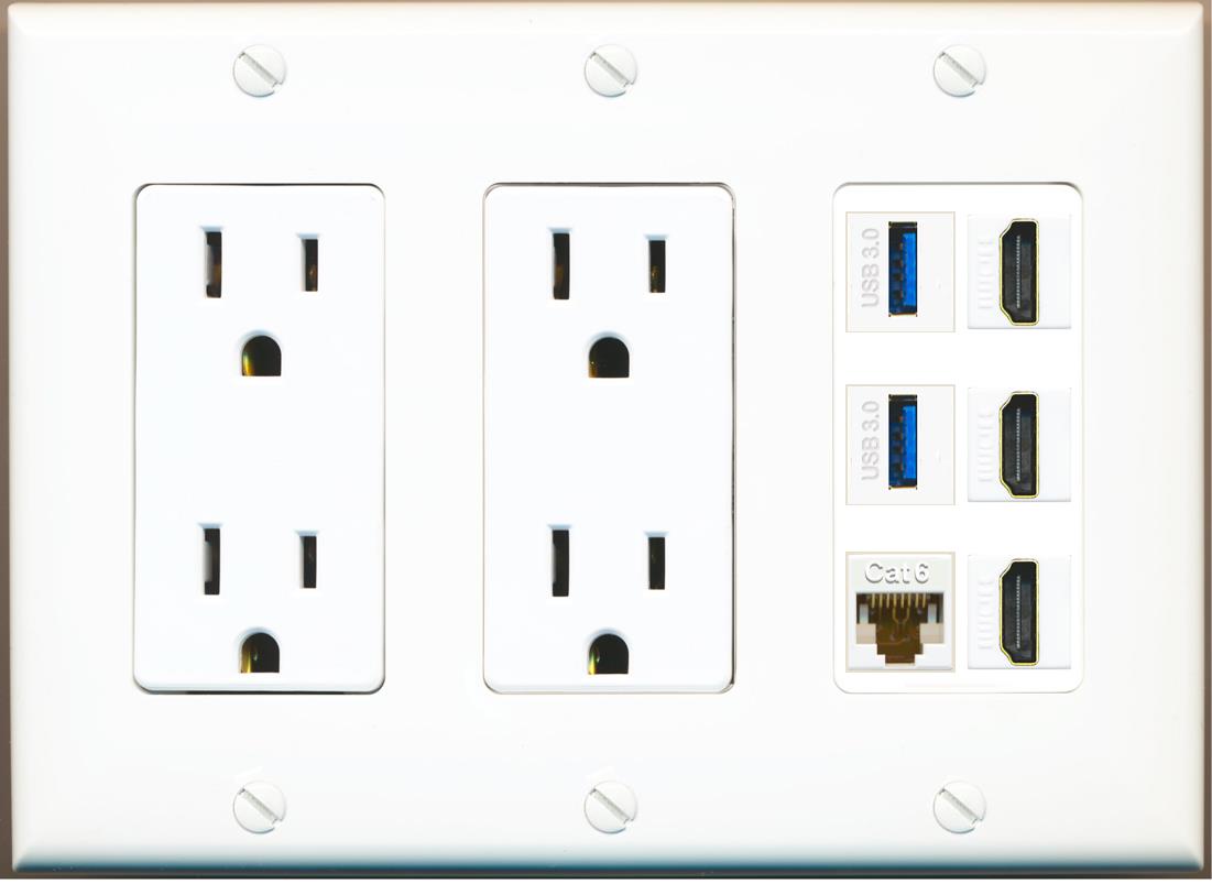 RiteAV 3 Port HDMI 2 Port USB 3.0 1 CAT6-RJ45 Wall Plate - 2 Outlet [White]