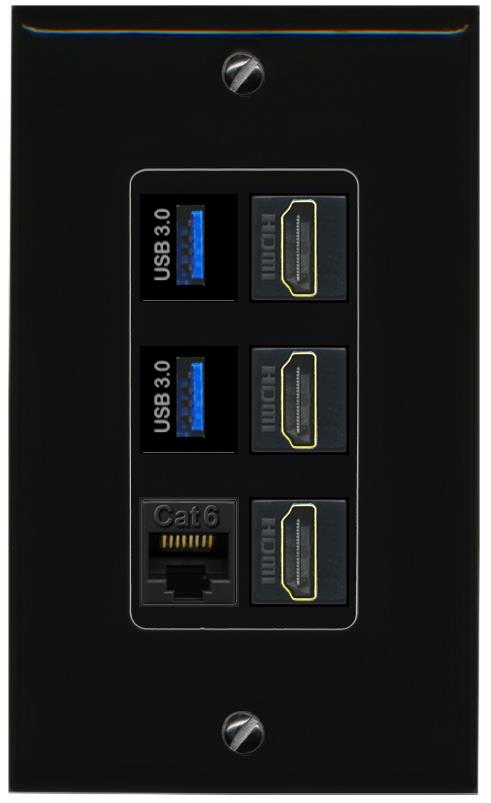 RiteAV 3 Port HDMI 2 Port USB 3.0 1 CAT6-RJ45 Wall Plate - 1 Gang [Black/Black]
