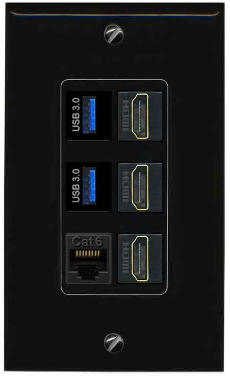 RiteAV 3 Port HDMI 2 Port USB 3.0 1 CAT6-RJ45 Wall Plate - 1 Gang [Black/Black]