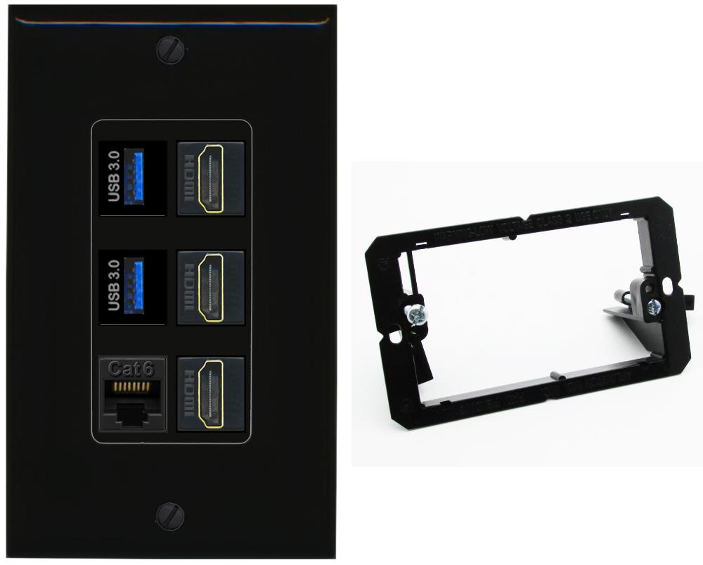 RiteAV 3 Port HDMI 2 Port USB 3.0 1 CAT6-RJ45 Wall Plate - Bracket [Black/Black]