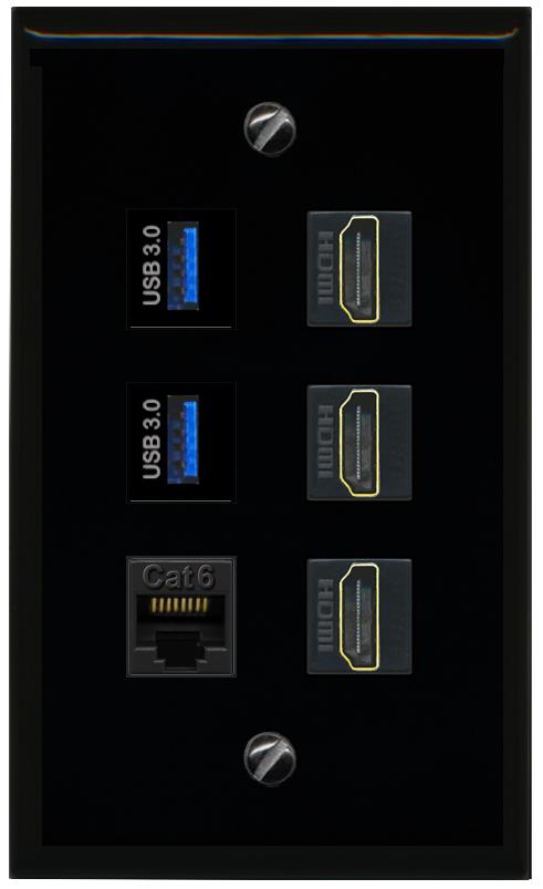 RiteAV 3 Port HDMI 2 Port USB 3.0 1 CAT6-RJ45 Wall Plate - Flat [Black/Black]