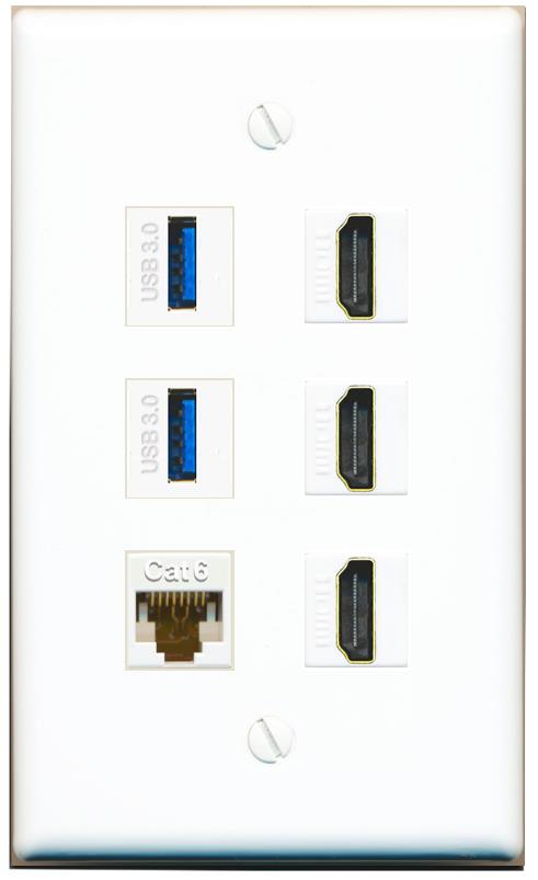 RiteAV 3 Port HDMI 2 Port USB 3.0 1 CAT6-RJ45 Wall Plate - Flat [White]