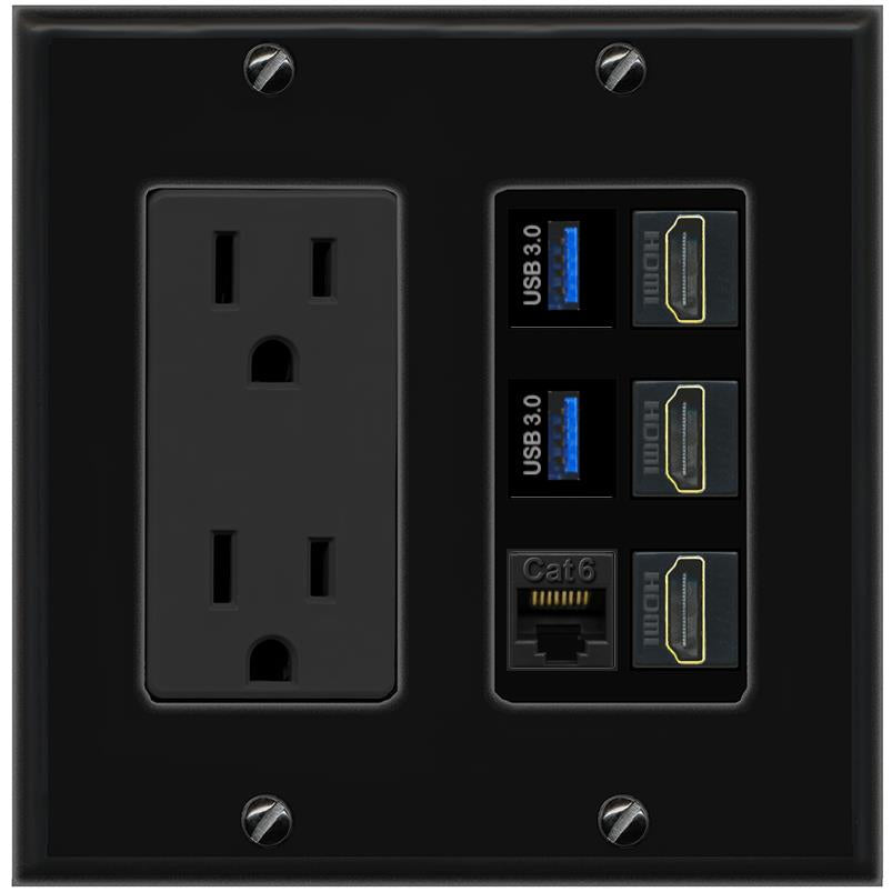 RiteAV 3 Port HDMI 2 Port USB 3.0 1 CAT6-RJ45 Wall Plate - Outlet [Black/Black]