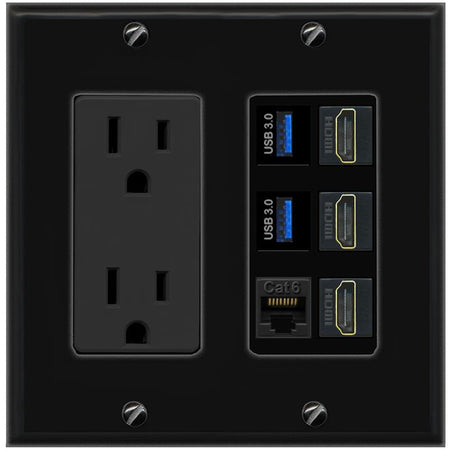 RiteAV 3 Port HDMI 2 Port USB 3.0 1 CAT6-RJ45 Wall Plate - Outlet [Black/Black]