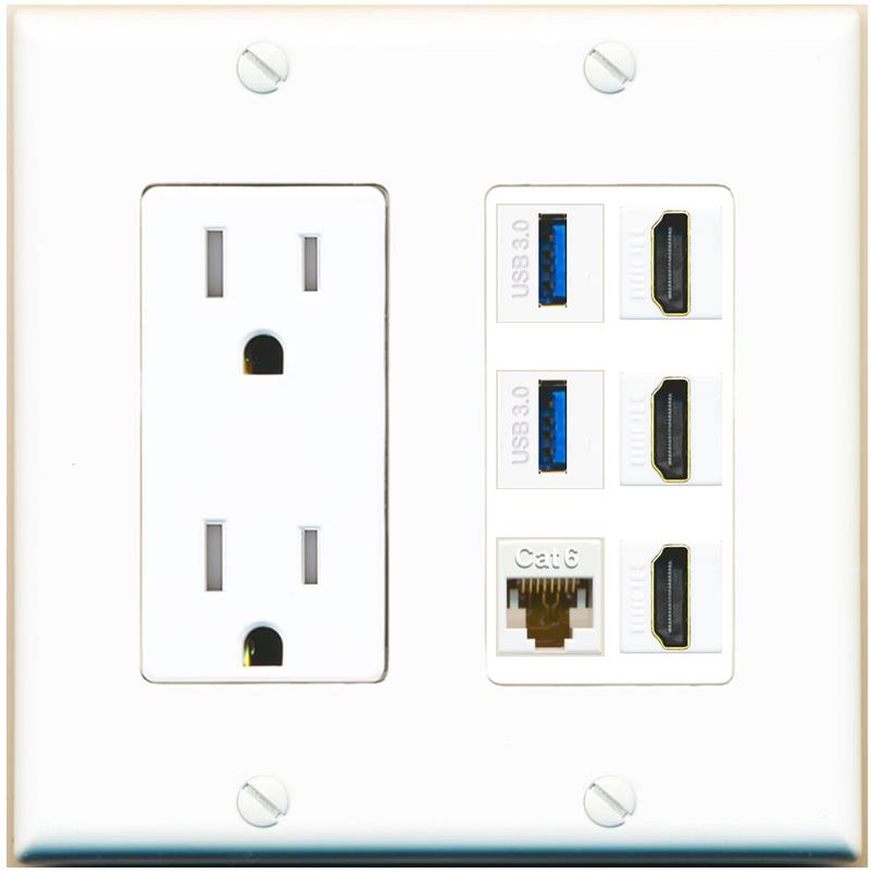 RiteAV 3 Port HDMI 2 Port USB 3.0 1 CAT6-RJ45 Wall Plate - Tamper-Res [White]