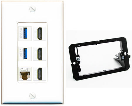 RiteAV 3 Port HDMI 2 Port USB 3.0 1 CAT6-RJ45 Wall Plate - Bracket [White]